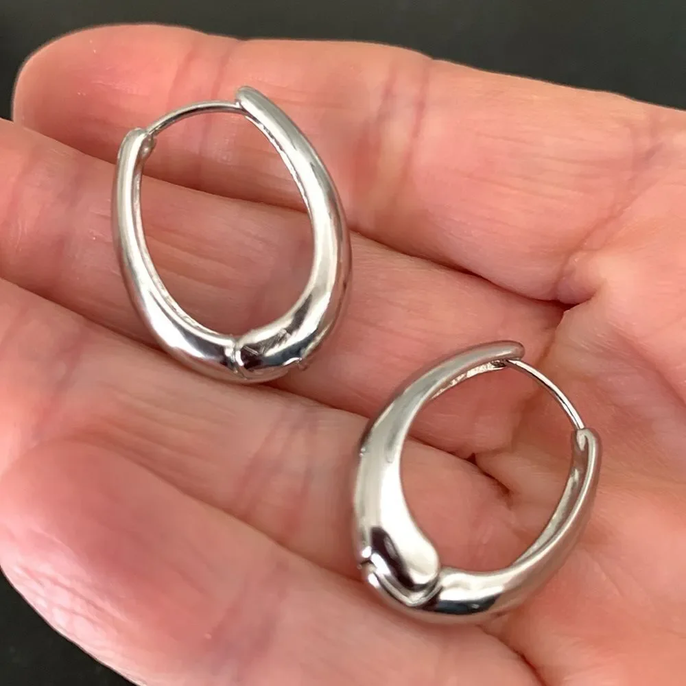 Halo Oval Hoop Earrings in Silver Tone- 1”’ Drop